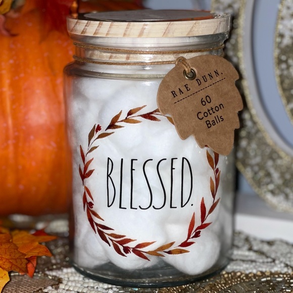 NWT RAE DUNN Fall "Blessed" Glass Jar Canister with Wood Lid Cotton Balls - Picture 1 of 11